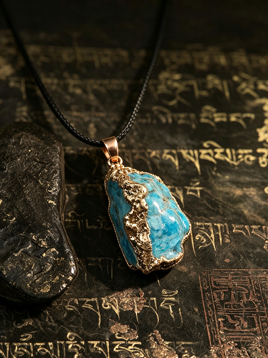 A raw turquoise stone pendant necklace with a gold-toned textured frame and black cord, displayed on a dark background with Tibetan script and a small dark stone.