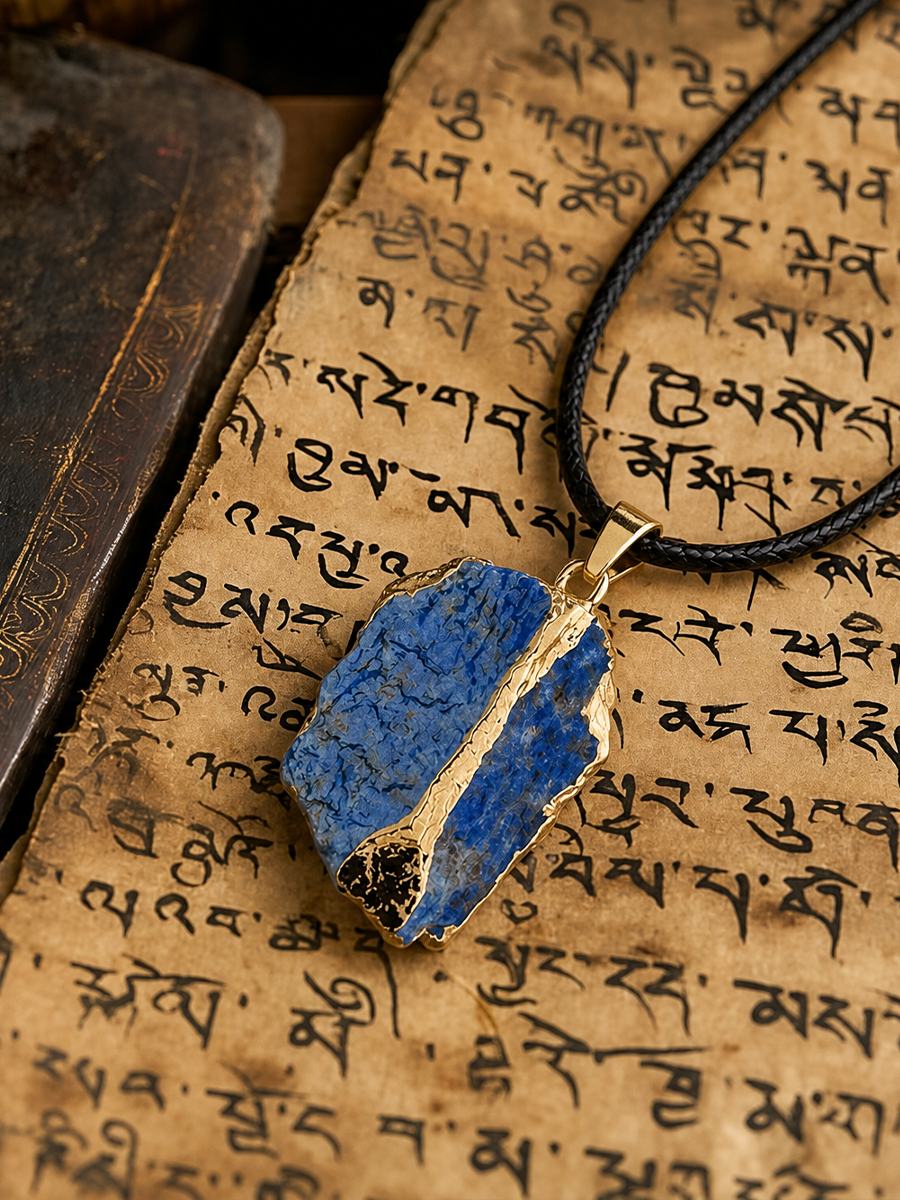 A blue lapis lazuli crystal pendant necklace with gold trim and a black cord, displayed on an ancient Tibetan script book.