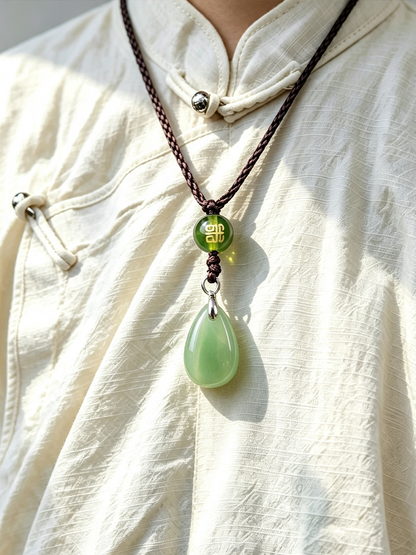 A close-up of a person wearing a cream-colored traditional Chinese tunic, showcasing a pendant necklace with a light green teardrop jade charm and a green bead with gold Chinese characters.