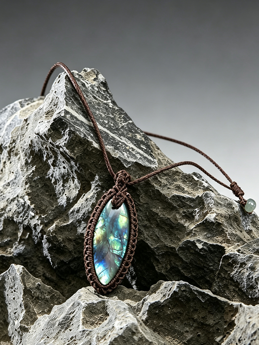 A brown macrame-wrapped necklace with an iridescent oval pendant, displayed on a textured gray rock against a gradient gray background.