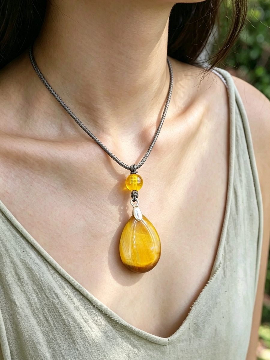 A close-up of a woman wearing a silver chain necklace with a large teardrop-shaped yellow amber pendant and a smaller round yellow accent bead.