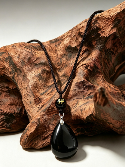 A black teardrop pendant necklace with a black braided cord and a small gold accent bead, displayed on a rustic brown wood driftwood piece against a light gray background.
