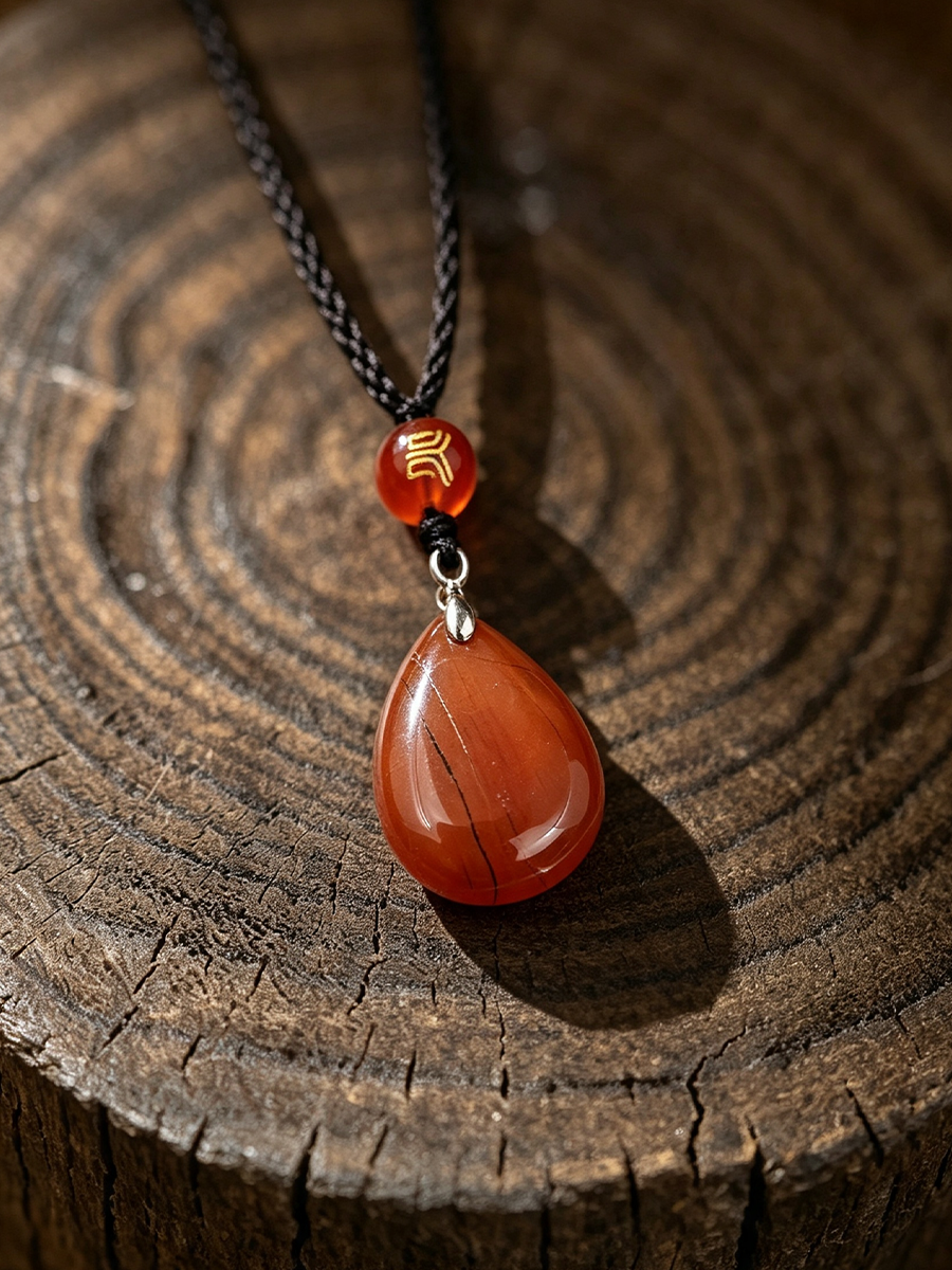 A teardrop-shaped orange-red stone pendant necklace with a black braided cord and a small gold-accented bead, displayed on a rustic wood slice background.
