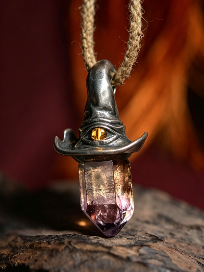 A witch hat pendant necklace made of dark silver-toned metal with a small amber eye detail and a faceted pink crystal point, hanging on a natural jute rope against a warm, blurred background.