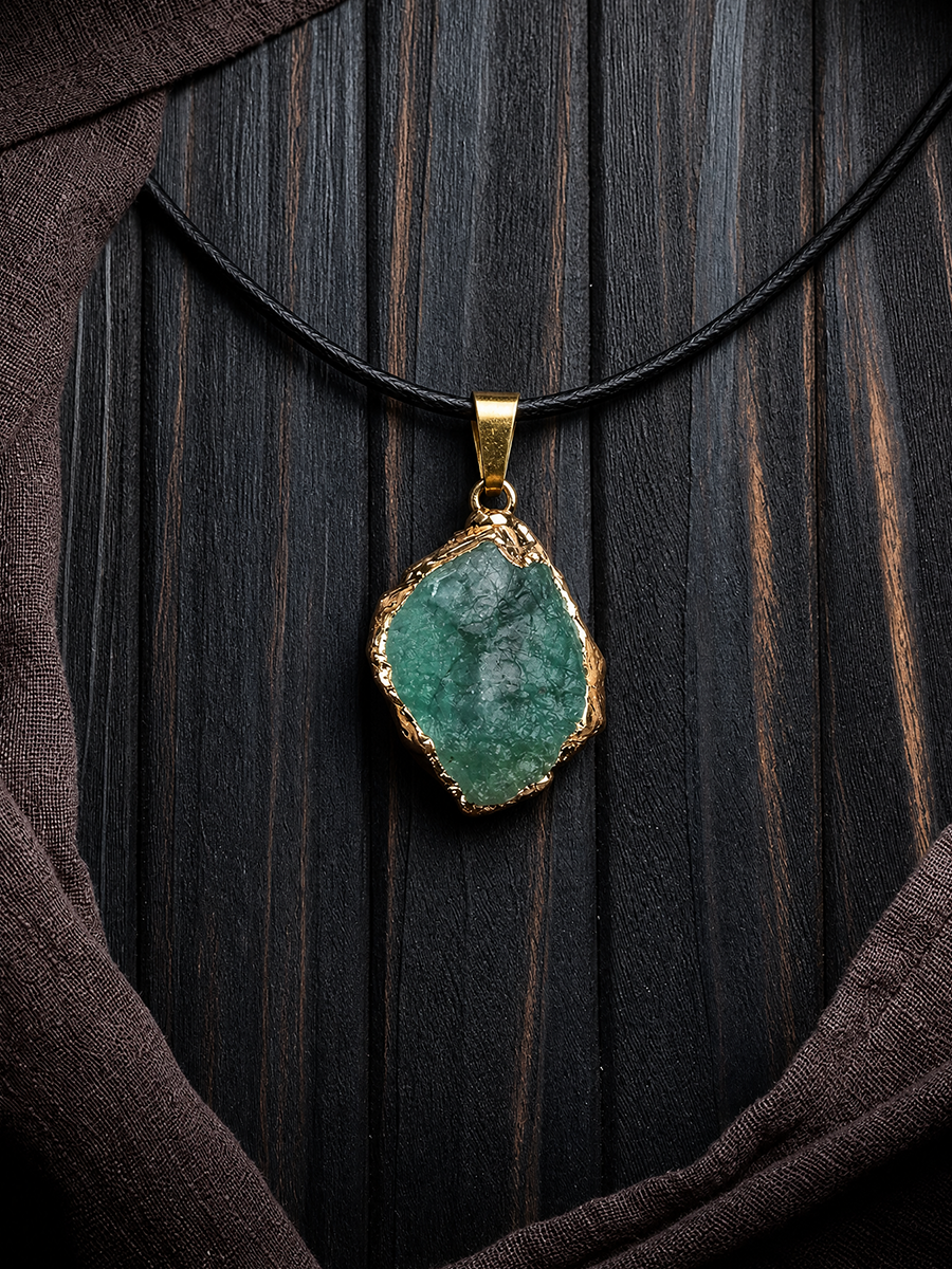 A raw green stone pendant with a gold-toned bezel setting, hanging from a black cord necklace against a dark wood background with draped brown fabric.