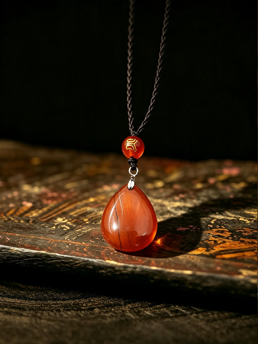 A teardrop-shaped orange-red agate pendant necklace with a small gold-accented bead and dark cord, resting on a textured wooden surface against a dark background.