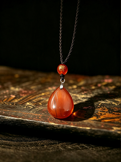 A teardrop-shaped orange-red agate pendant necklace with a small gold-accented bead and dark cord, resting on a textured wooden surface against a dark background.