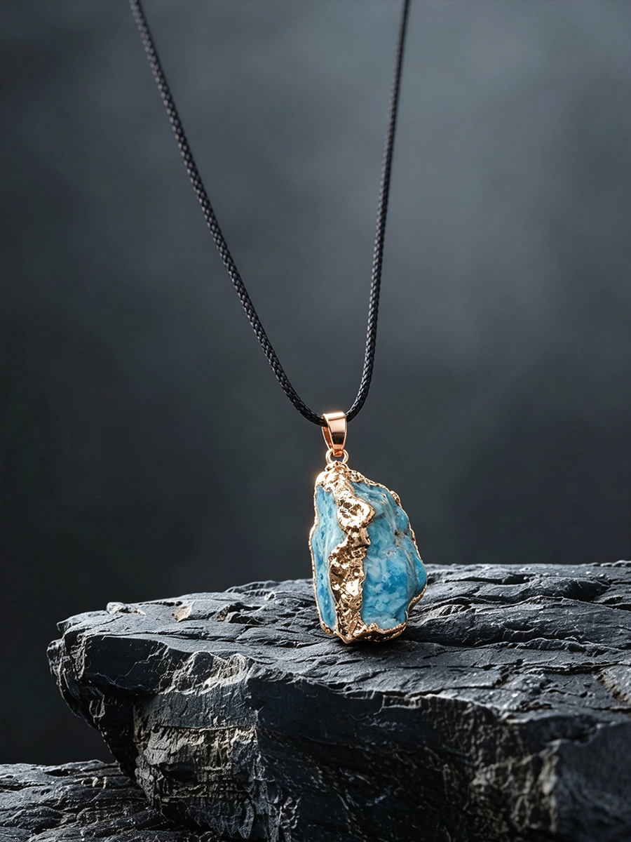 A raw turquoise-blue stone pendant necklace with gold-toned metal edging, hanging from a black cord on a dark textured rock against a dark gray background.