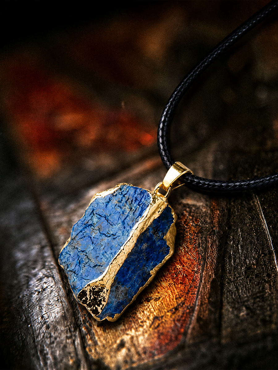 A raw blue lapis lazuli crystal pendant with gold metal edging, hanging from a black cord on a rustic dark wood surface.
