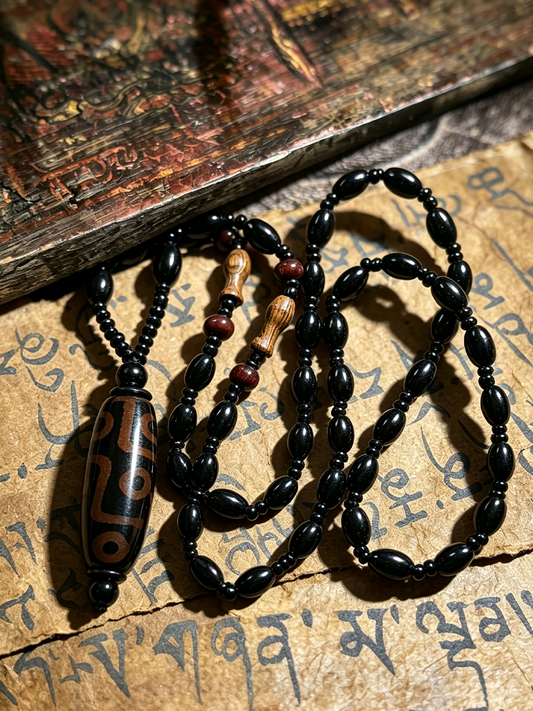 A beaded necklace with glossy black oval beads, a large carved black and brown pendant, and small accent beads, arranged on aged paper with script and a wooden surface.