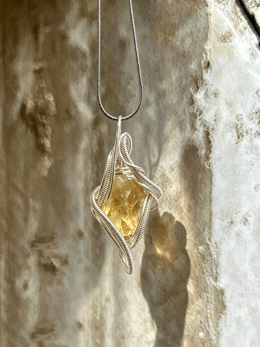 A silver wire-wrapped pendant necklace featuring a faceted yellow citrine gemstone, hanging against a textured beige stone wall.