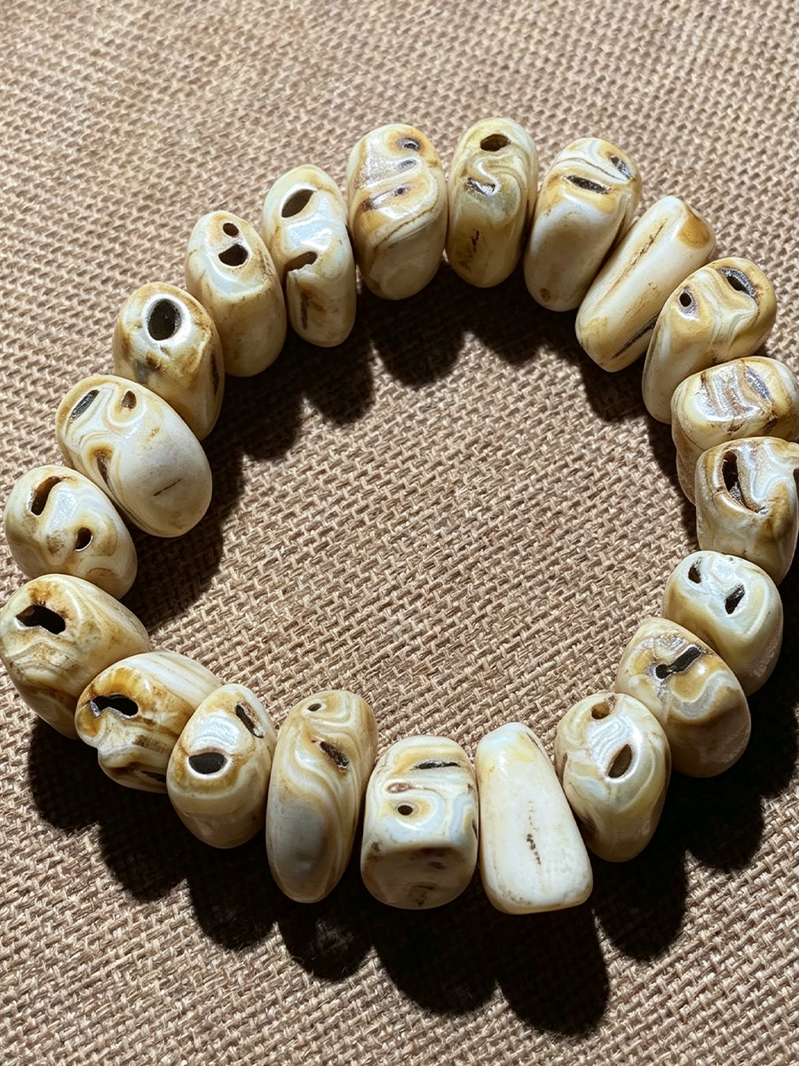A beaded stretch bracelet made of irregular, polished bone or ivory beads with carved facial features and dark openings, arranged in a circle on a textured brown fabric background.