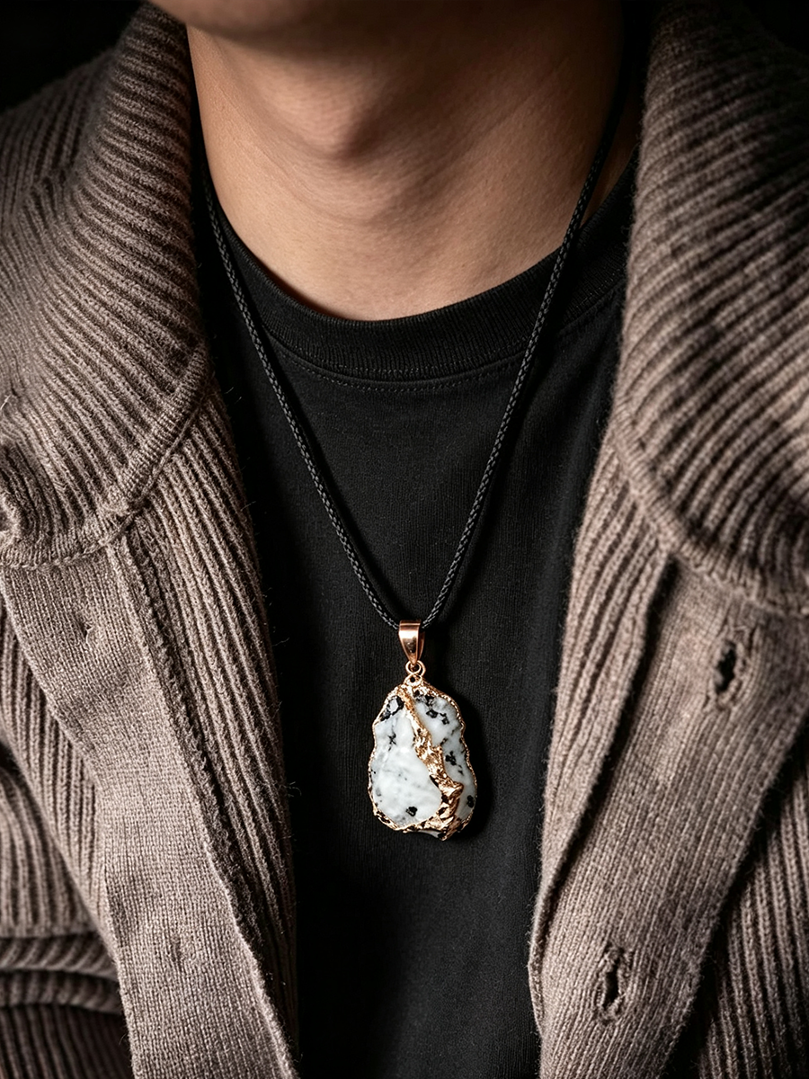 A close-up of a person wearing a black cord necklace with a raw, irregular-shaped pendant. The pendant features a white and gray marbled stone with gold-toned metal borders and a rose gold bail, styled over a black t-shirt and a brown ribbed cardigan.