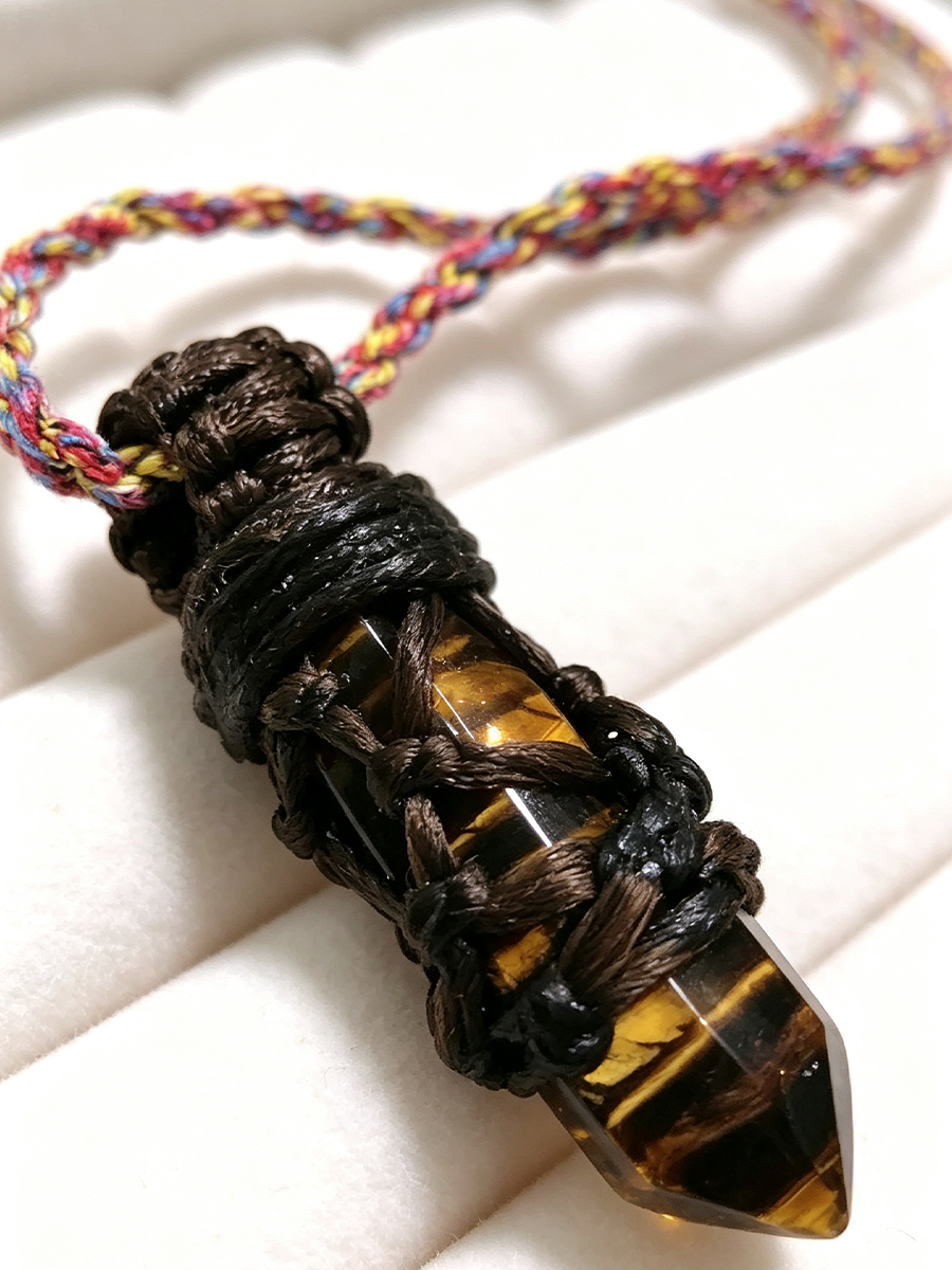 A tiger's eye point pendant necklace wrapped in dark brown cord, resting on a white textured surface. The necklace features a multicolor braided cord with pink, yellow, and blue threads.