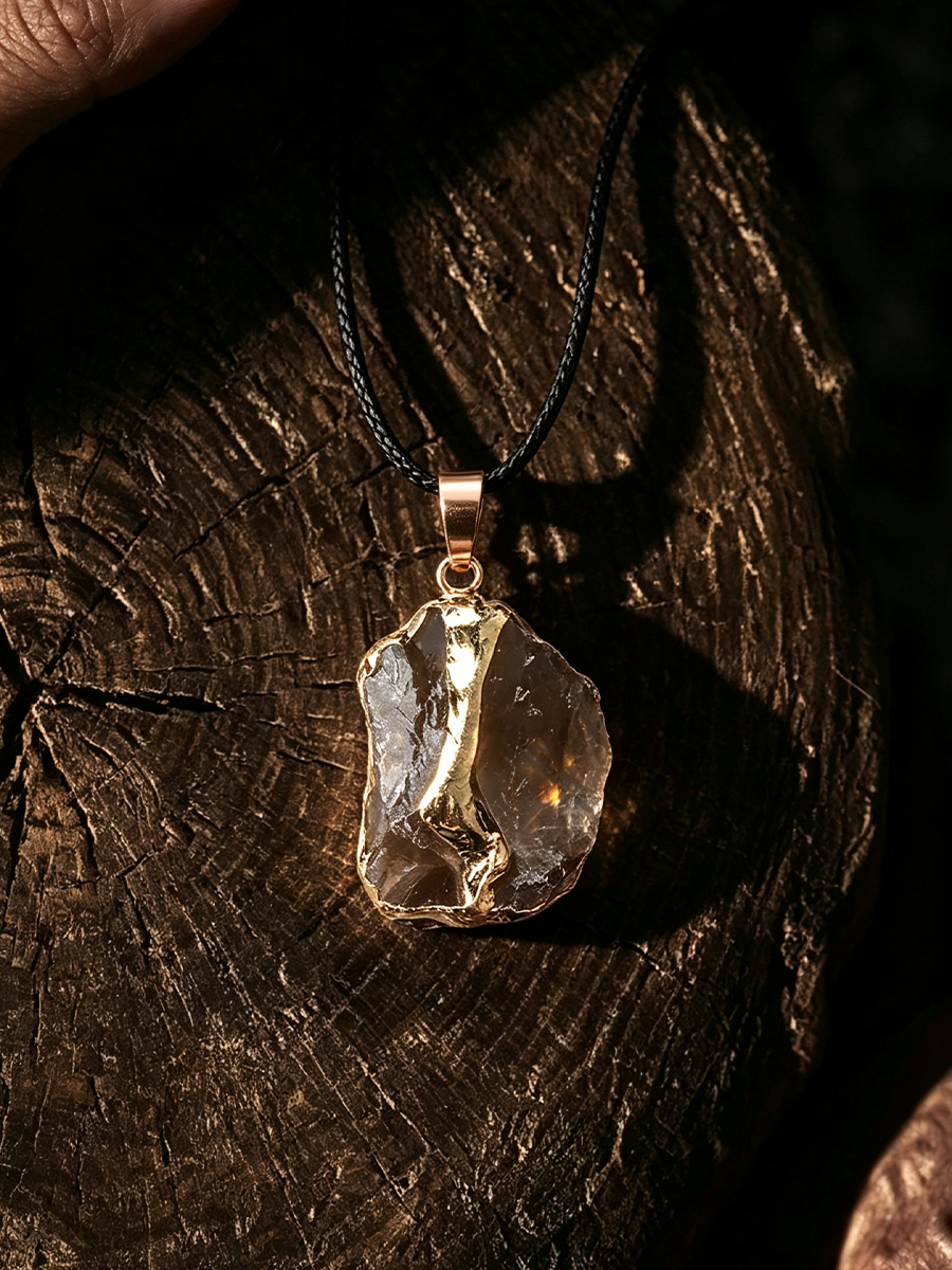 A raw, irregular clear quartz crystal pendant necklace with a rose gold bail and black cord, resting on a textured dark wood surface.