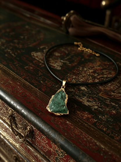 A raw green stone pendant necklace with a gold bezel setting on a black cord, displayed on an ornate vintage book.