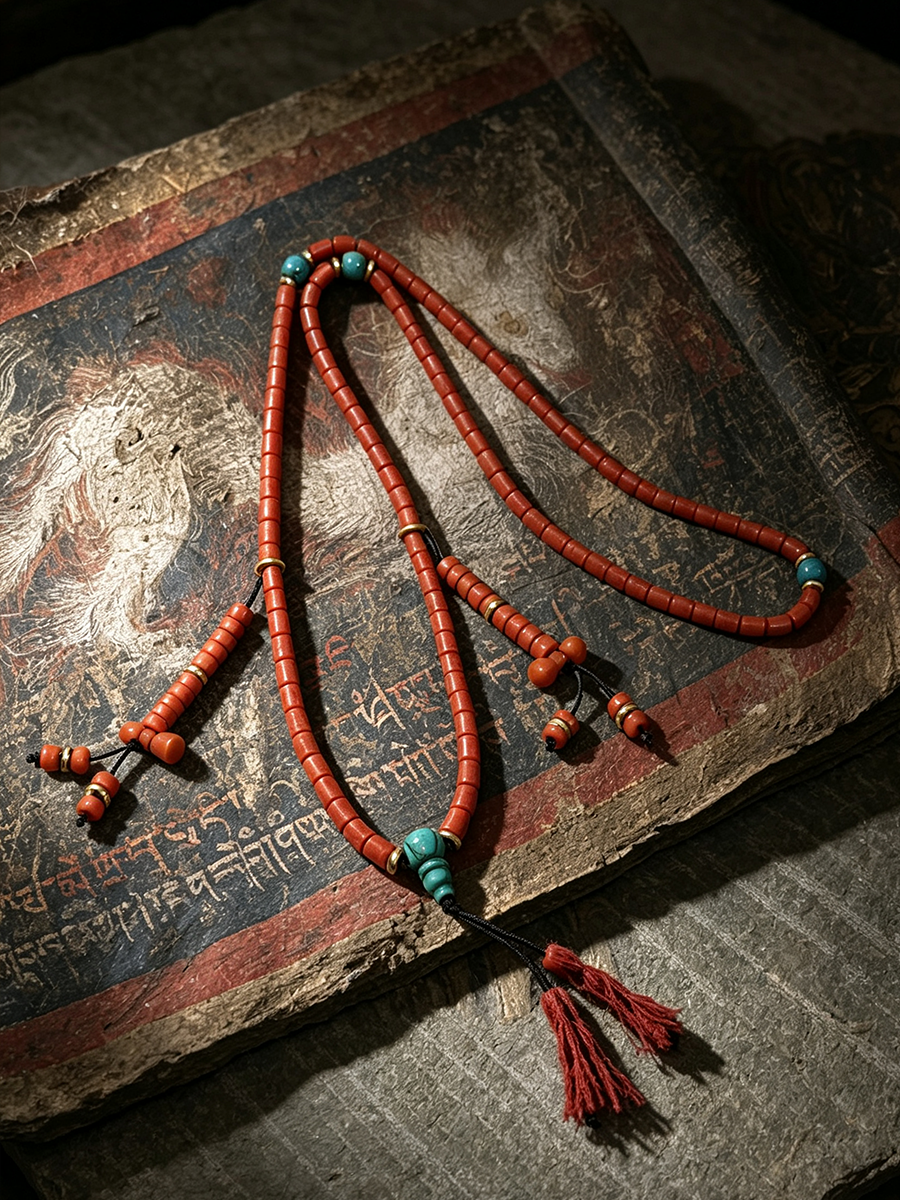 A red beaded necklace or mala-style prayer bead strand with turquoise accent beads and red tassels, arranged on top of an old illustrated book.