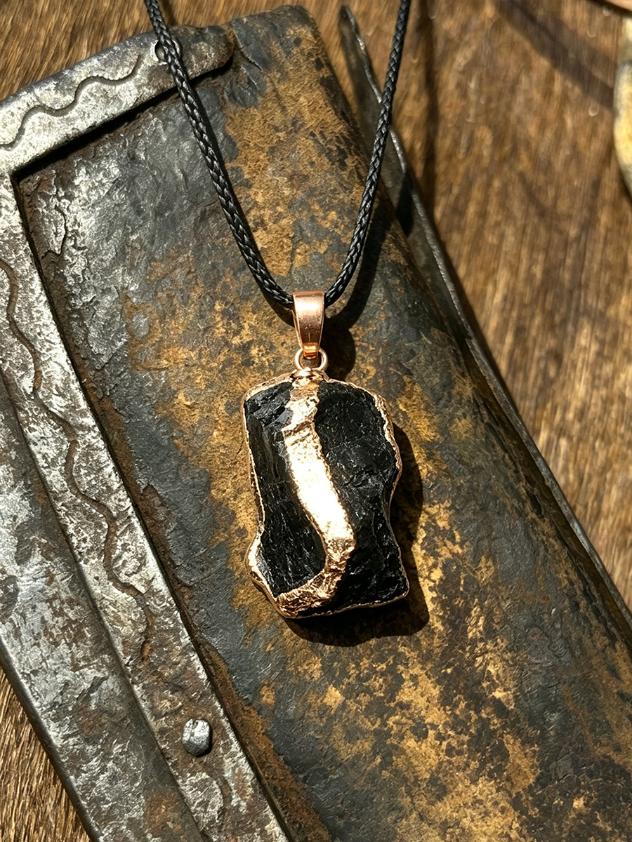 A raw black stone pendant necklace with a rose gold bail and black cord, displayed on a rustic, textured metal surface.