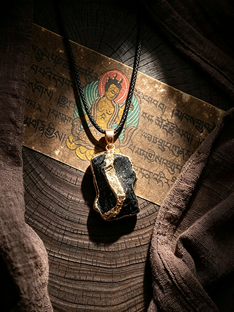 A black pendant necklace with a polished gold-toned accent and black stone inlay, resting on a textured brown fabric surface over an antique-style illustrated card.