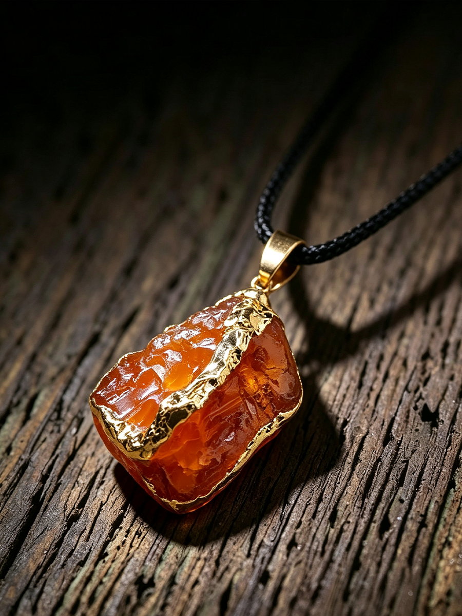 A raw amber-orange stone pendant with gold-toned metal edging, hanging from a black cord on a rustic dark wood surface.