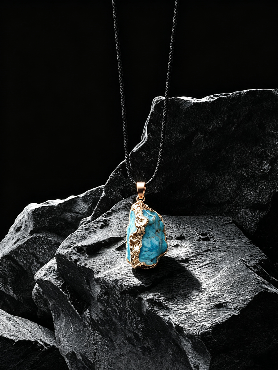 A raw turquoise geode pendant necklace with gold-toned metal framing, hanging from a dark chain against a dark, textured rock background.