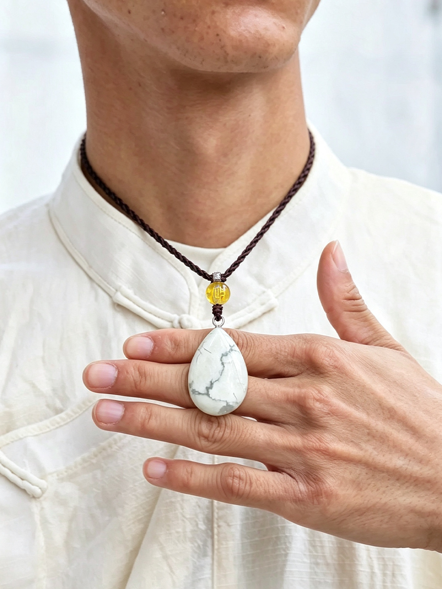 A close-up of a person wearing a brown braided cord necklace with a white teardrop-shaped stone pendant featuring gray veining, and a small yellow bead accent, paired with a cream-colored shirt.