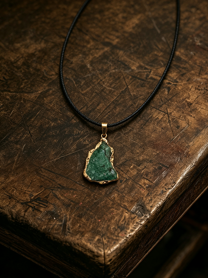 A raw green stone pendant necklace with a gold-toned rim and black cord, displayed on a rustic dark wood surface.