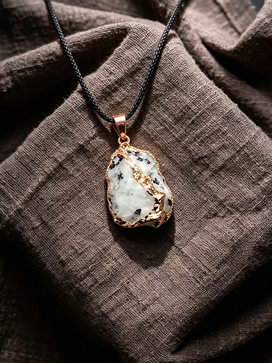 A raw white stone pendant necklace with gold accents and a black cord, displayed on a textured brown linen fabric.