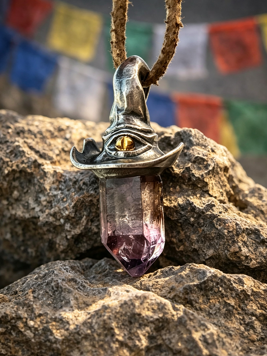 A witch hat pendant necklace made of silver-toned metal with a single gold eye detail, hanging from a brown cord and resting on rough rocks with colorful blurred flags in the background.
