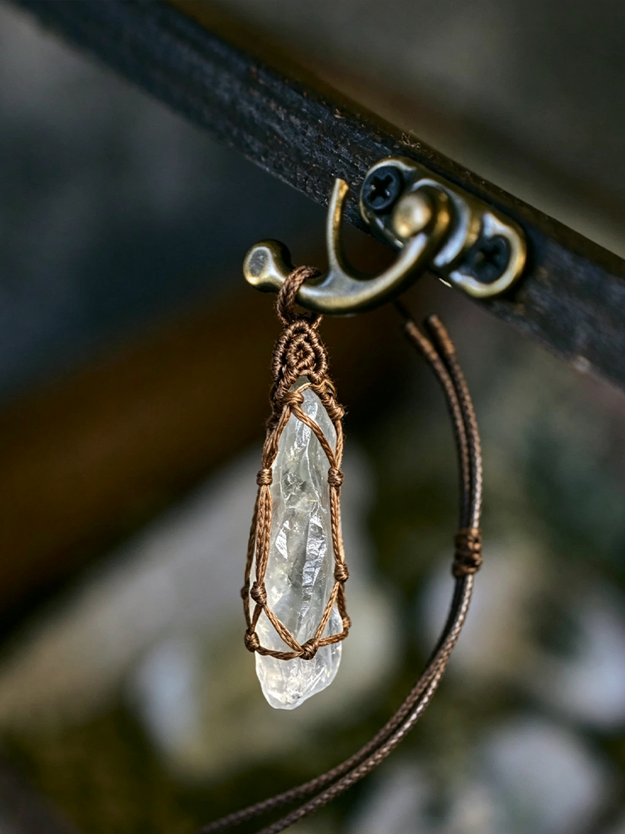 A close-up of a pendant necklace featuring a clear, faceted crystal wrapped in brown cord, hanging from a dark metal clasp on a chain.