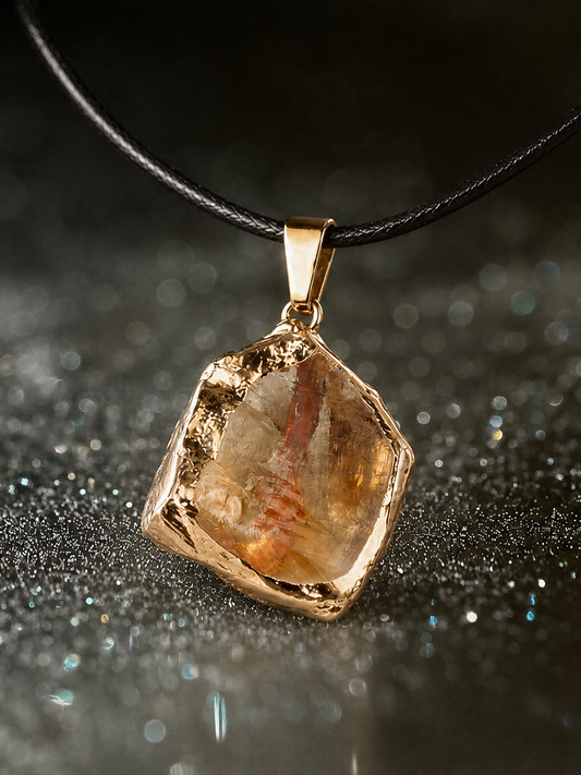 A gold pendant necklace featuring a rough, irregular-cut clear crystal with warm orange and brown inclusions, suspended from a black cord against a dark glittery background.