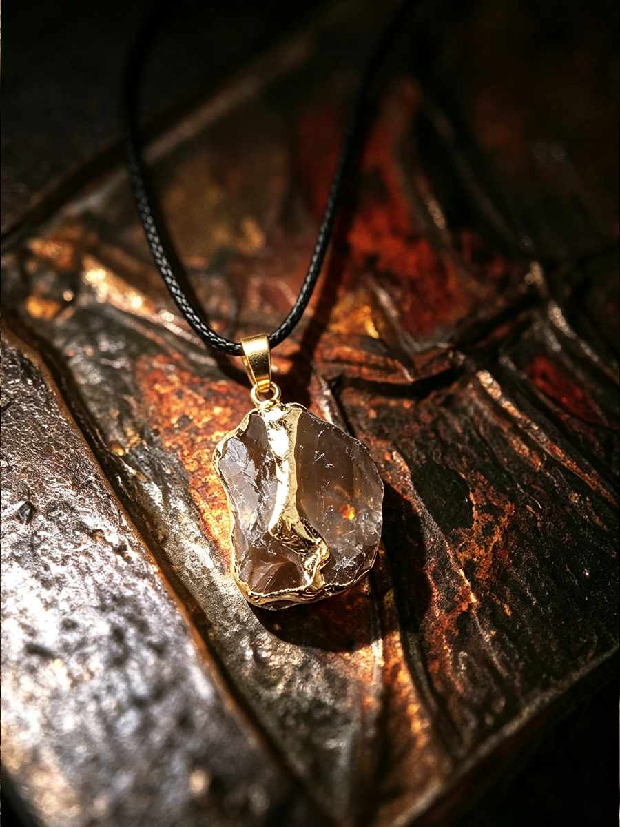 A raw, rough-cut crystal pendant necklace with a gold-toned bezel and black cord, resting on a textured, rustic bronze surface.