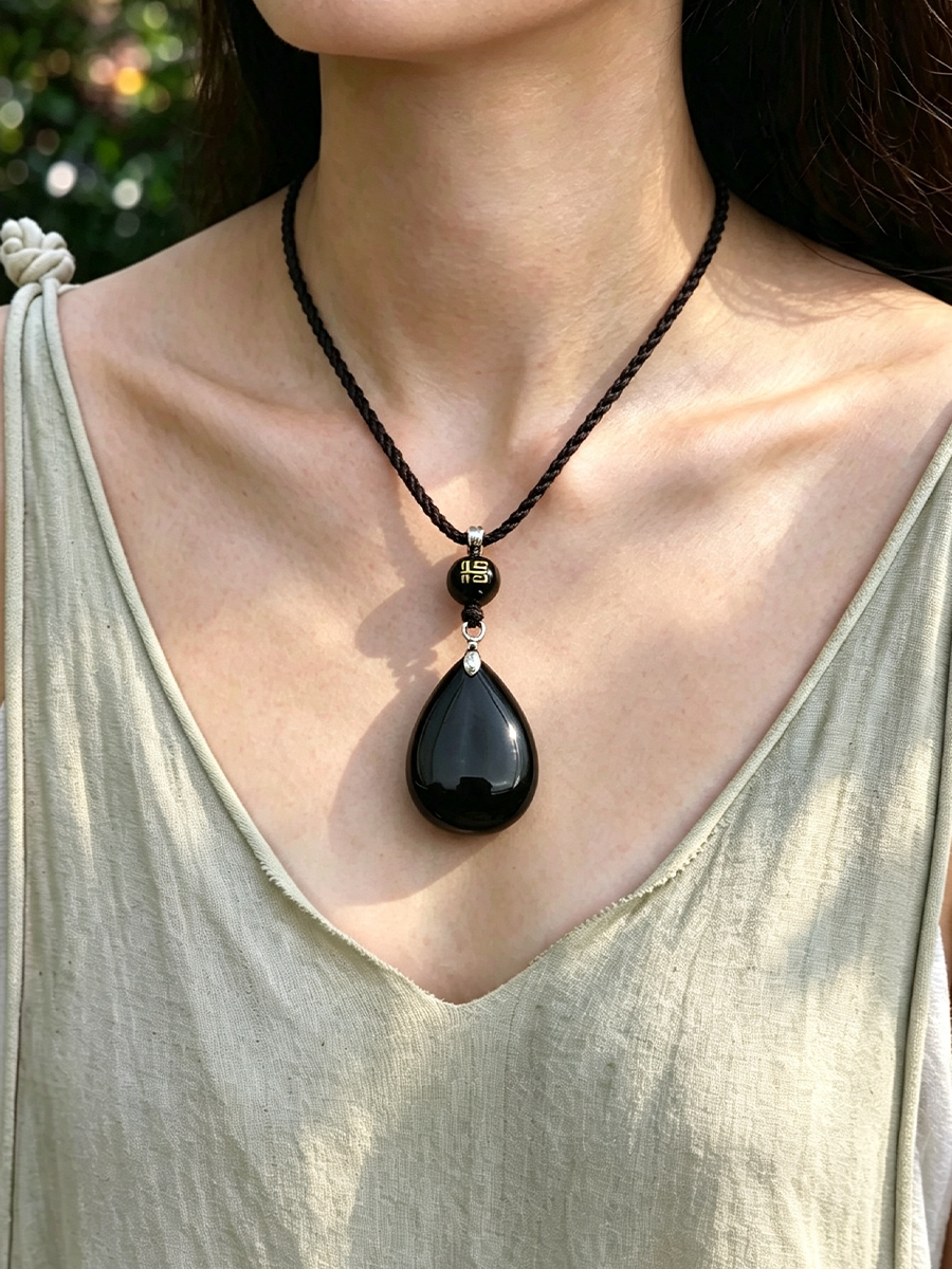 A close-up of a person wearing a black teardrop pendant necklace with a braided cord and a small gold-toned accent bead, paired with a light olive green V-neck top.