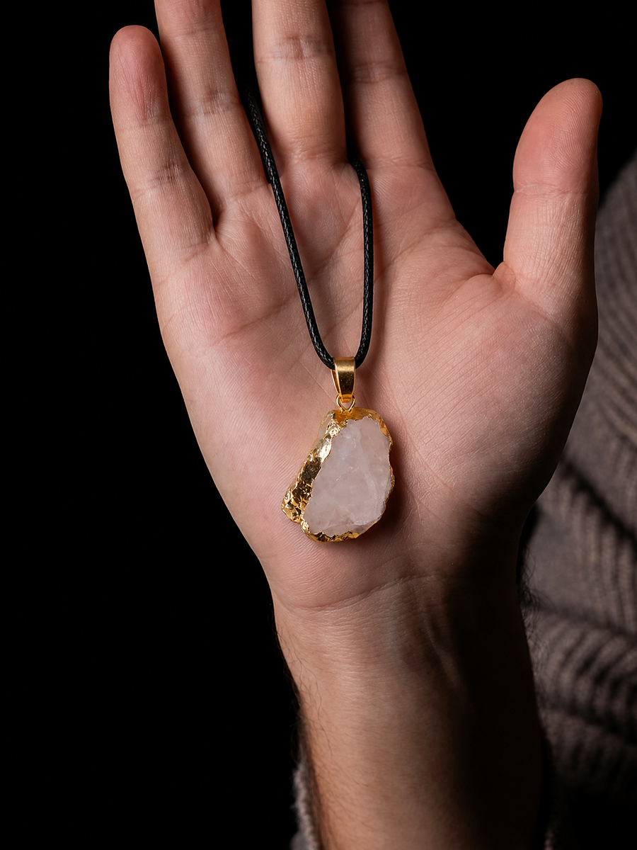 A hand holding a raw, polished pale pink stone pendant with a gold bezel and a black cord necklace, set against a solid black background.