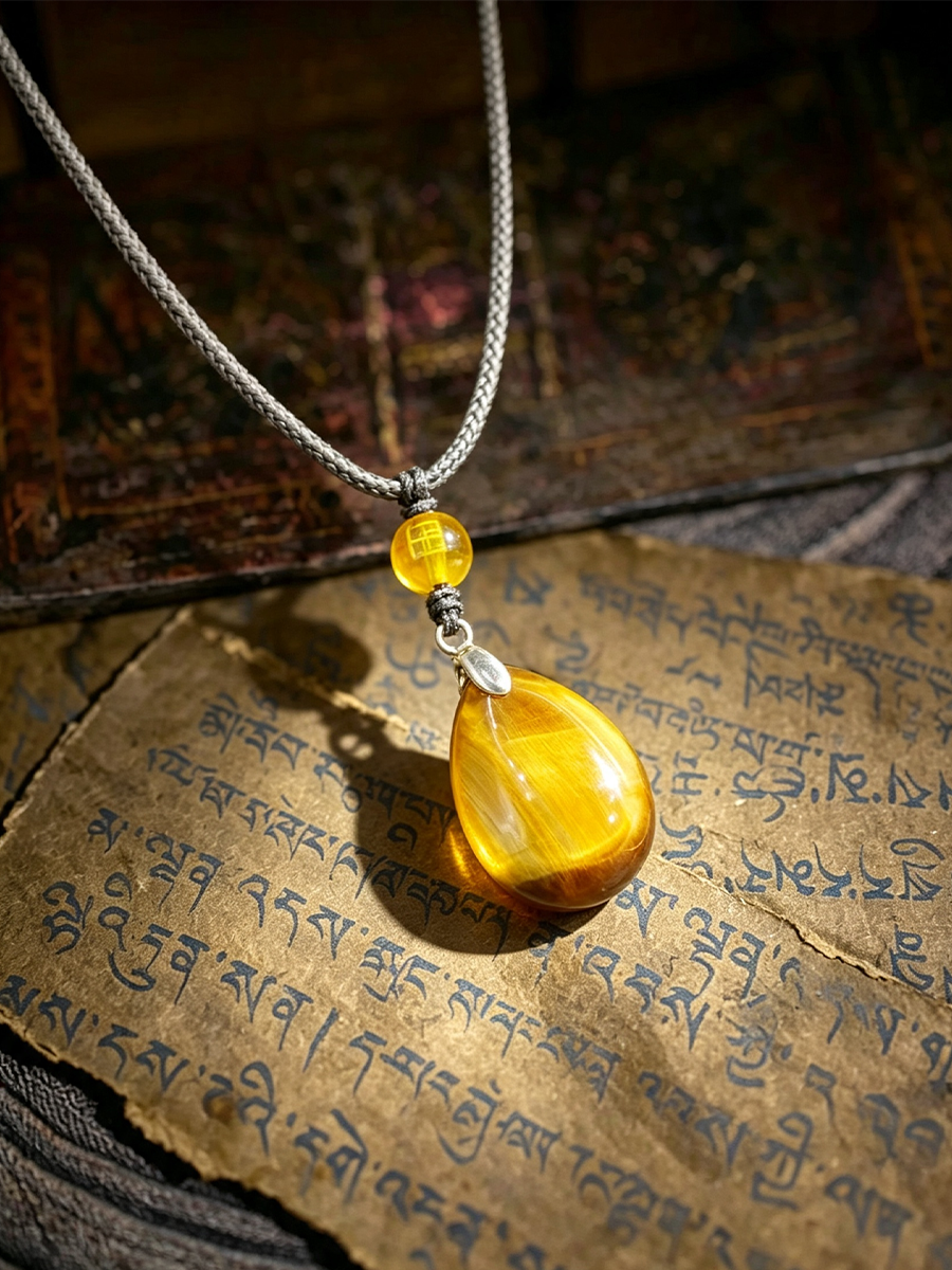 A silver chain necklace with a teardrop-shaped yellow amber pendant and a small round yellow bead, displayed on an aged paper with Tibetan script.