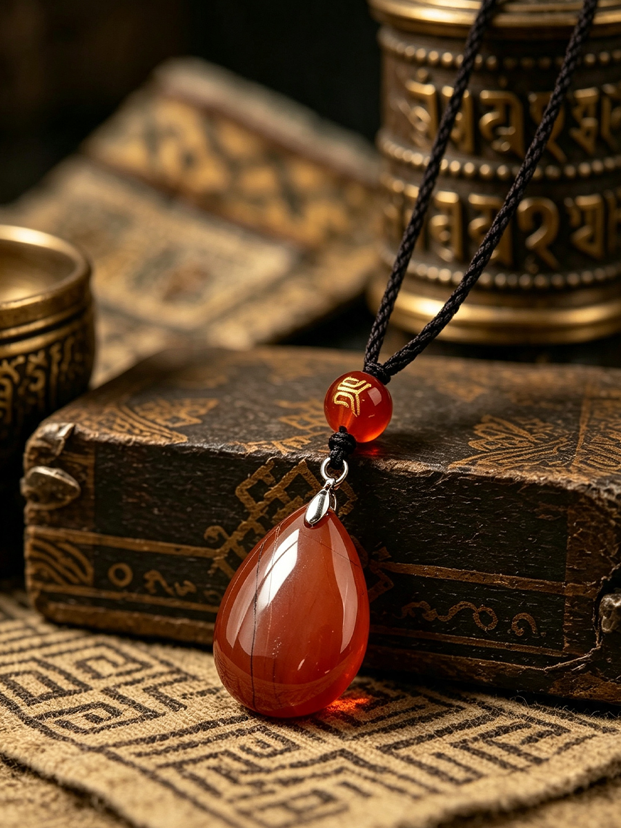 A red teardrop-shaped gemstone pendant necklace with a black cord, resting on a vintage dark brown book. The background features a brass cylindrical container and a patterned beige fabric.