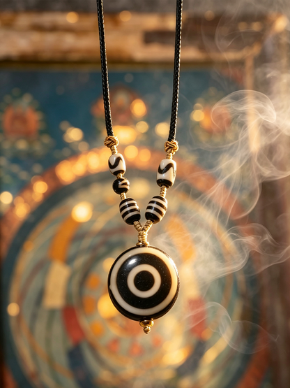A bohemian-style black cord necklace featuring a large black and white evil eye pendant, accented with striped beads and gold-toned hardware, set against a warm, blurred background with visible smoke.