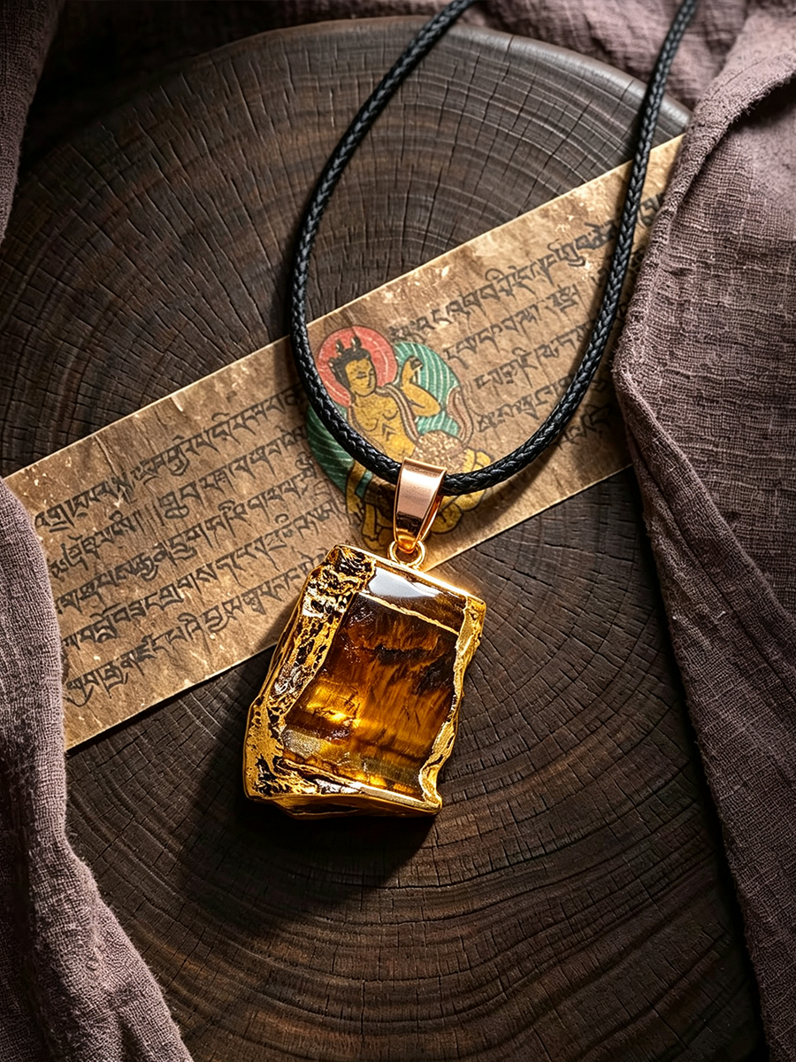 A raw, irregularly shaped amber-yellow gemstone pendant with rough edges, set in a gold-toned bezel and suspended from a black braided cord. The pendant is styled on a textured brown wood slice with a piece of Tibetan script paper and draped fabric.