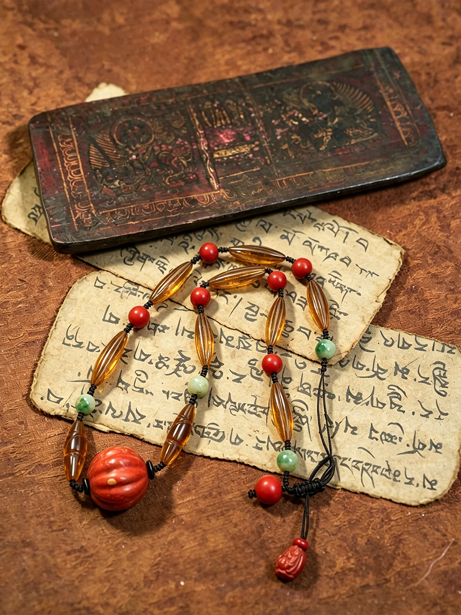 A beaded necklace with amber-brown elongated beads, red round beads, and light green spacer beads, displayed on top of aged handwritten paper next to a dark rectangular engraved plaque on a textured brown surface.