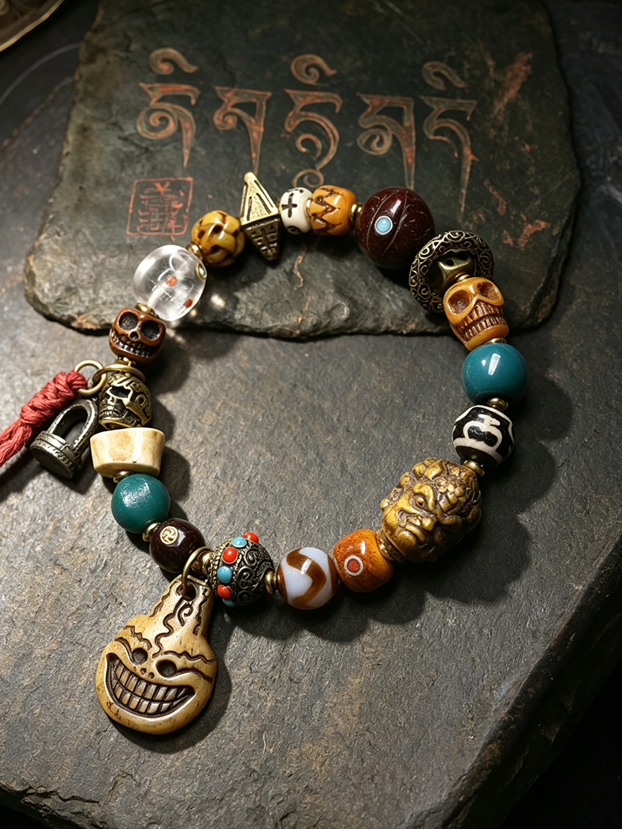 A beaded bracelet with skull, monkey, and bell charms, displayed on a dark textured stone surface next to a stone featuring Tibetan script.
