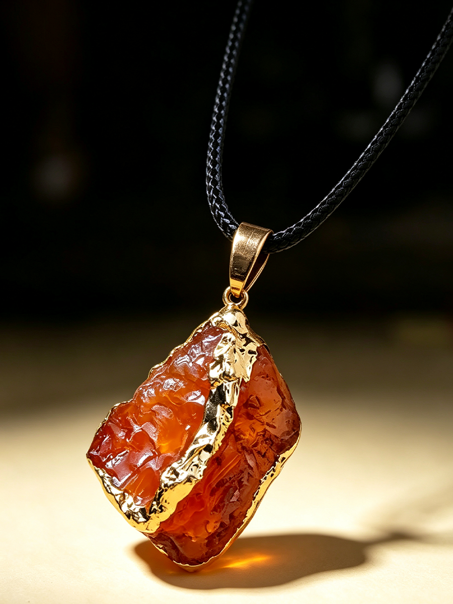 A raw amber stone pendant necklace with gold-plated edges, suspended from a black braided cord against a dark background.