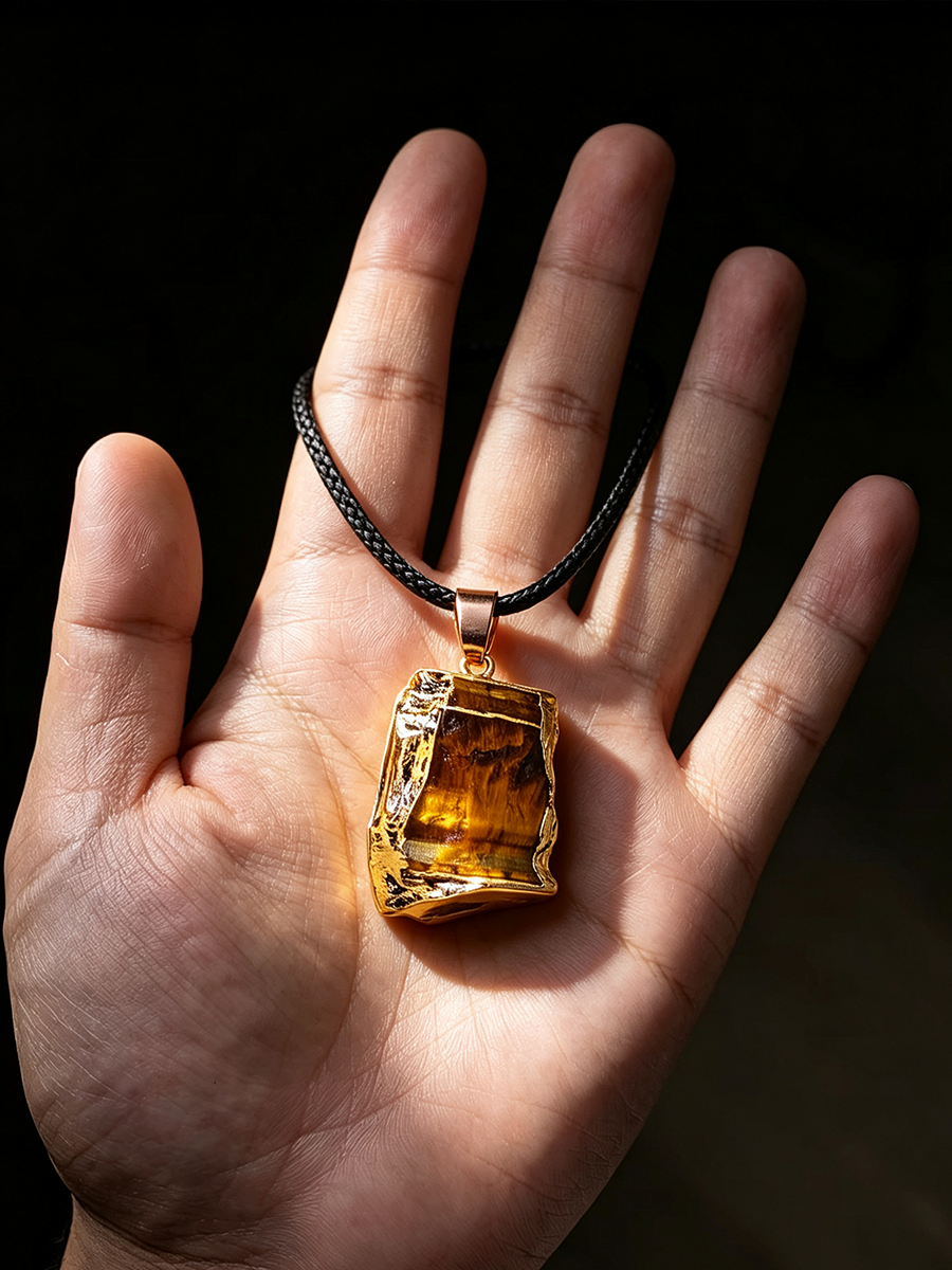 A hand holding a pendant necklace featuring a large, rough-cut amber or honey-colored stone in a gold-toned bezel setting, suspended from a black braided cord, against a dark background.