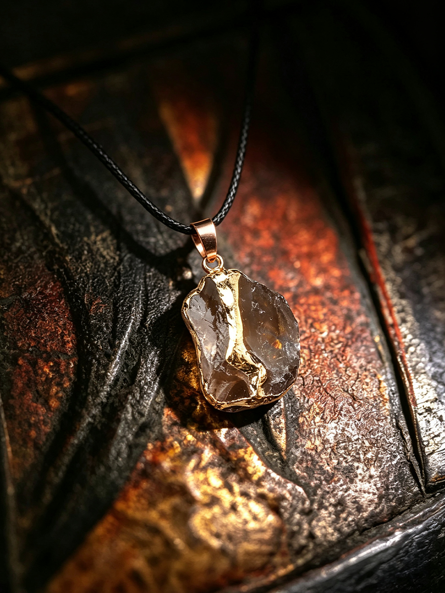 A raw, irregular-shaped clear gemstone pendant with a gold-toned bezel setting on a black cord necklace, displayed on a textured, rusted metal surface.