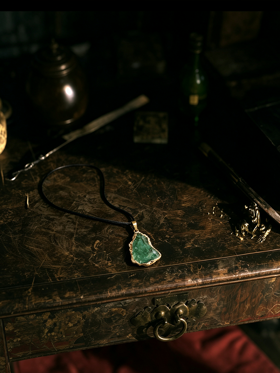 A green stone pendant necklace with a silver-toned bezel and black cord, displayed on a dark wooden surface in a moody, dimly lit setting.